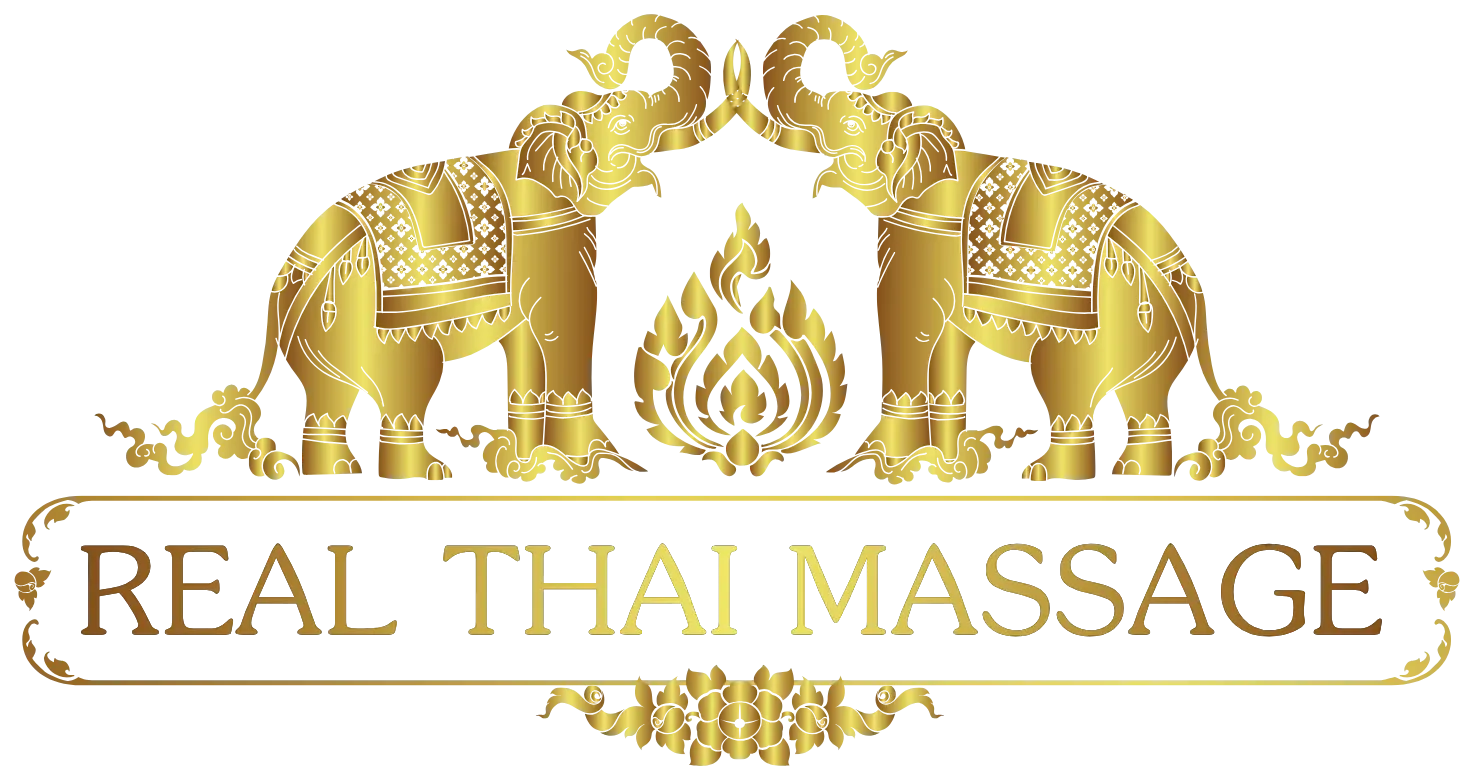 The front of the Real Thai Massage gift card: navy background, gold logo, gold border