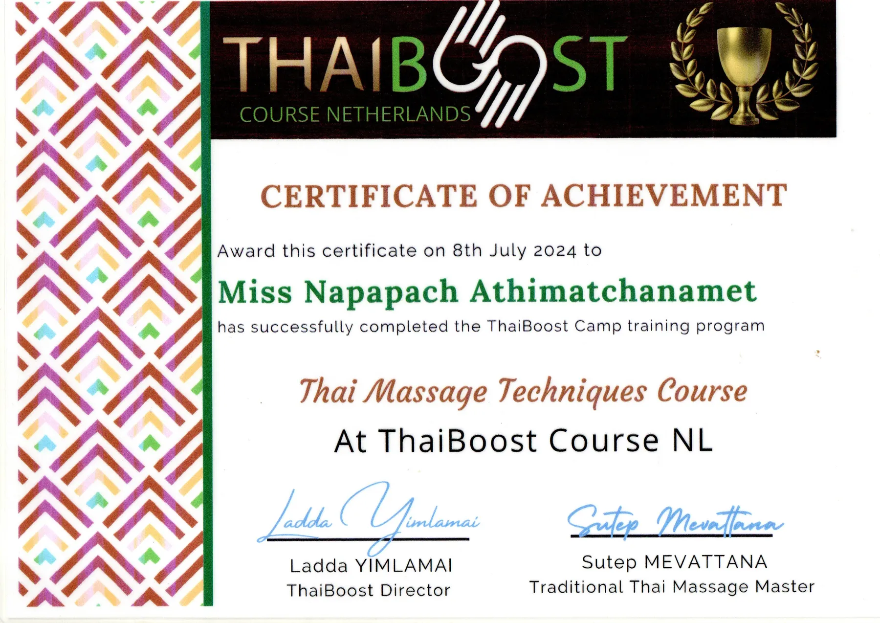 Certificate of Achievement, Thai Massage Techniques Course, ThaiBoost Course NL, 2024. július