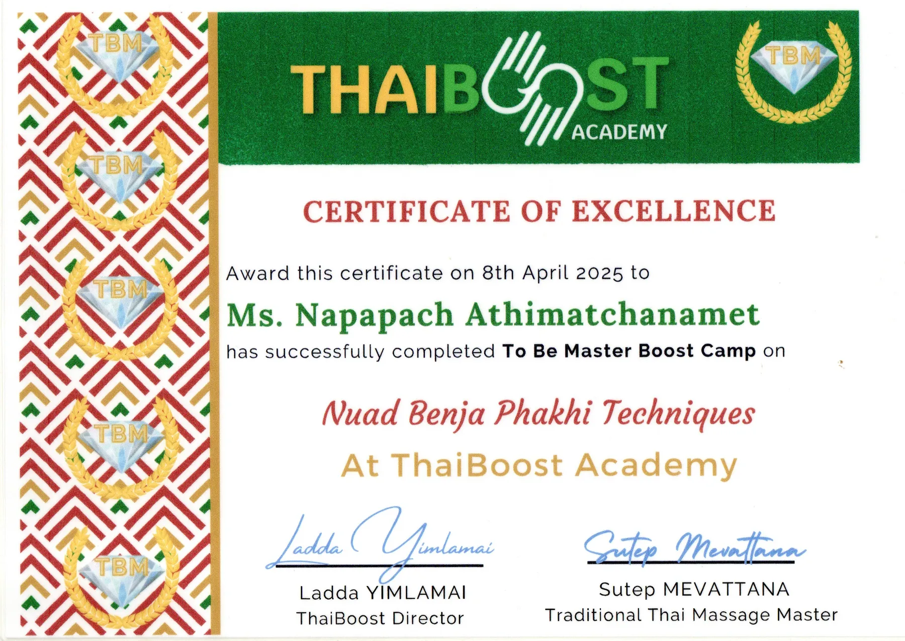 Certificate of Excellence, Nuad Benja Phakhi, ThaiBoost Academy, April 2025